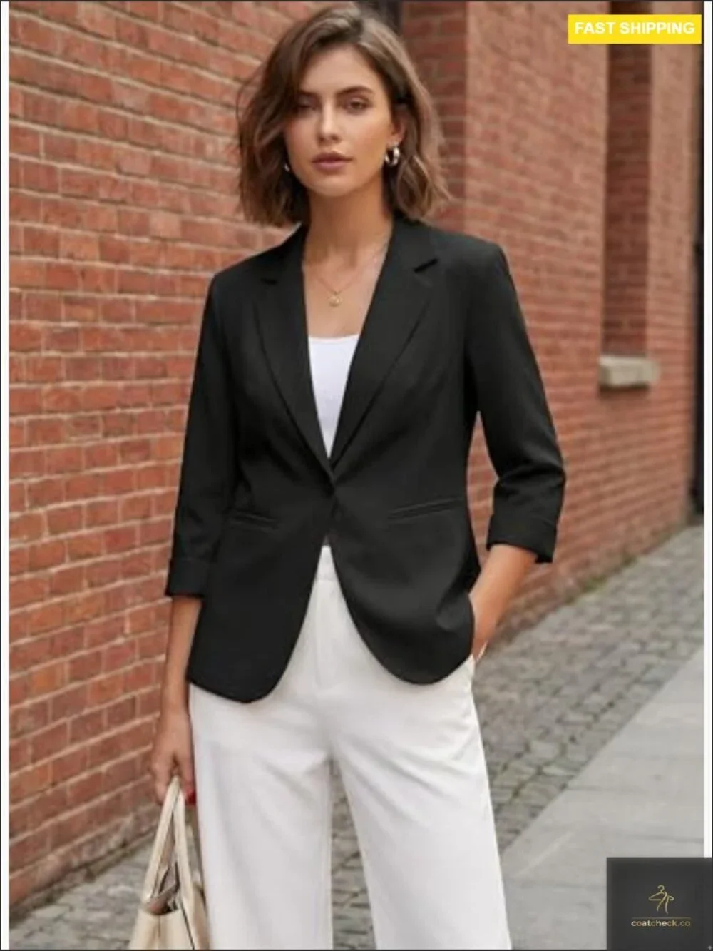 Lightweight 3/4 Sleeve Lapel Open Front Blazer with Pockets Work Casual Suit